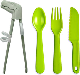 Reusable Kids Flatware Set - Dinosaur Training Chopsticks & Plastic Kids Cutlery Set, Kids Fork Spoon & Nylon Knife Ideal for School Lunch Box, BPA Free Toddler Silverware Set, 4 Pcs, Green