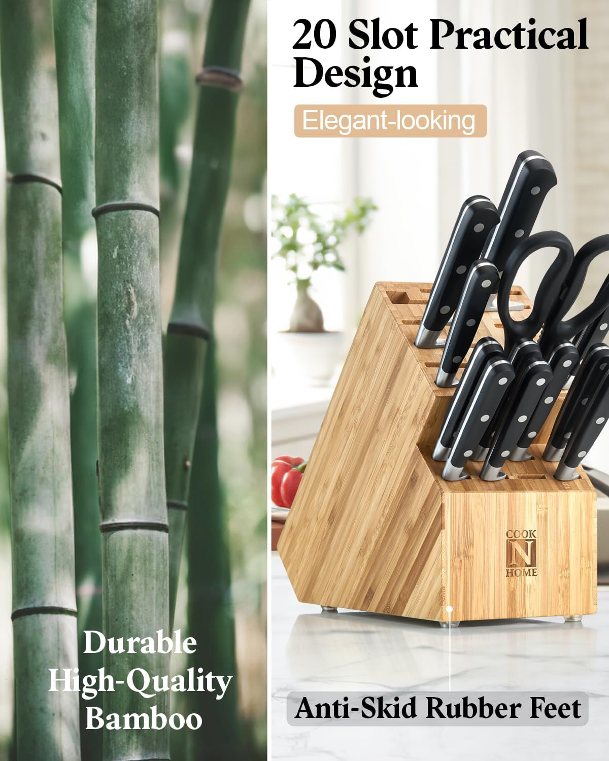 Bamboo Knife Storage Block without Knives, 20 Slot Universal Knife Holder Countertop Butcher Block Knife Stand for Easy Kitchen Storage