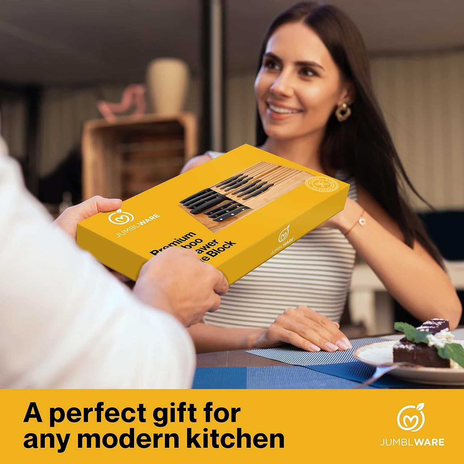 Bamboo In-Drawer Knife Block Wooden Organizer & Cutlery Holder Insert for inside Drawer, Cabinet or Counter Universal Dock Fits 16 Steak Knives & Sharpener Great Kitchen Gadget Gift