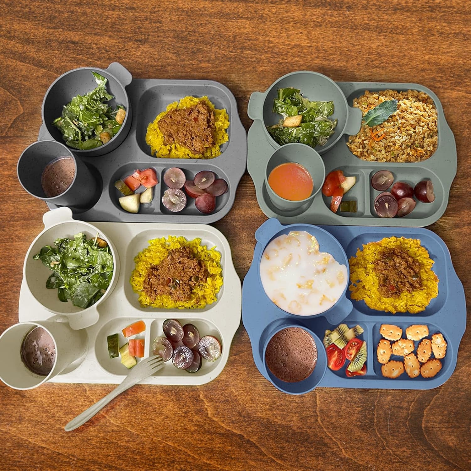 Wheat Straw Dinnerware Cutlery Set, 20 PCS Kids Toddlers Divided Plates and Bowls Sets, Microwave Unbreakable Tableware Spoon Knife Cup, Dishwasher Safe for Kitchen Picnic School