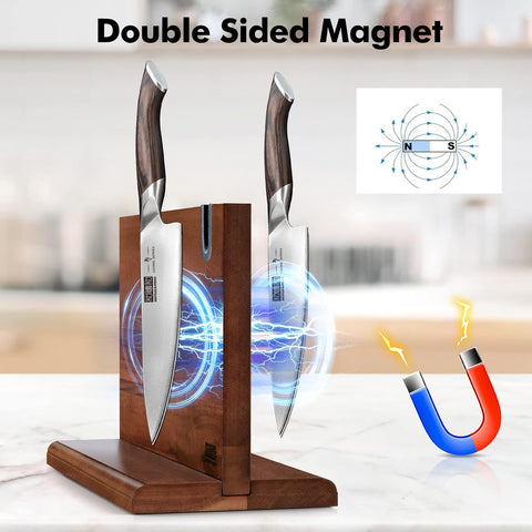 Image of Magnetic Knife Block 14 X 10 Inches, Double Sided Magnetic Knife Holder Rack for Kitchen Counter, Acacia Wood Magnetic Knife Storage Stand with Knife Sharpener