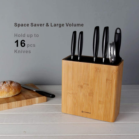 Image of XL Bamboo Universal Knife Block Holder with Slots for Scissors and Sharpening Rod, Safe, Space Saver Knives Storage Stand Display without Knives, Unique Slot Design to Protect Blade