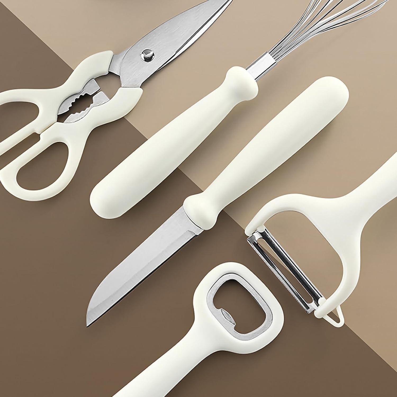 6-Pieces Kitchen Pre-Cooking Tool Set Including Storage Case, Scissors, Bottle Opener, Fruit Peeler, Fuit Knife, Ballon Whisk, Space Saving Kitchen Gadget Set with Holder, Housewarming Gift