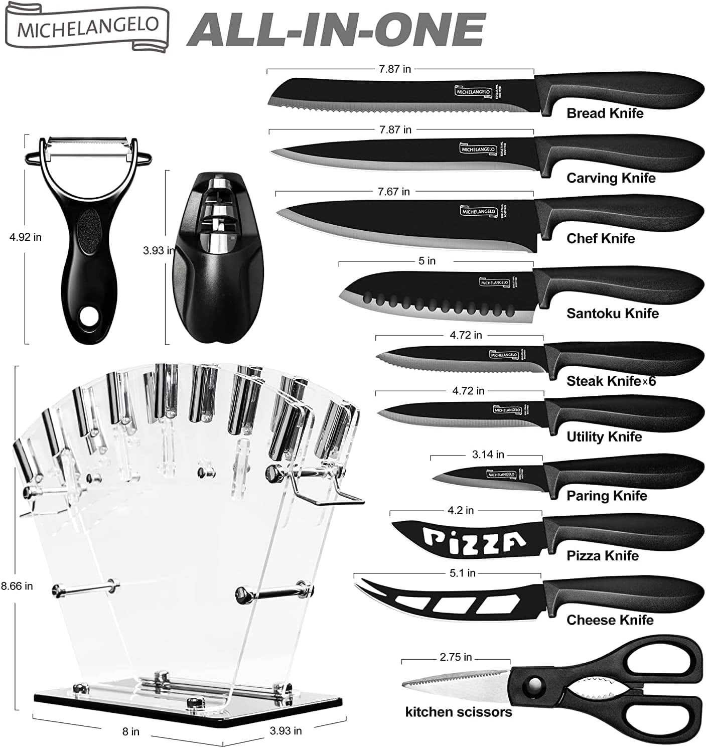 18Pc Kitchen Knife Set with Block, Super Sharp Black Knife Set, Versatile Chef Knife Set with Knife Sharpener & Peeler, Stainless Steel Knives for Kitchen, 6 Steak Knives Included