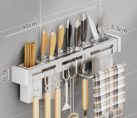 Image of Kitchen Knife Block Holder-Stainless Steel Knife Rack, Nail-Free Storage Rack Cutlery, Multifunctional Storage Knife Holder/Organizer, Kitchen Space-Saving Rack