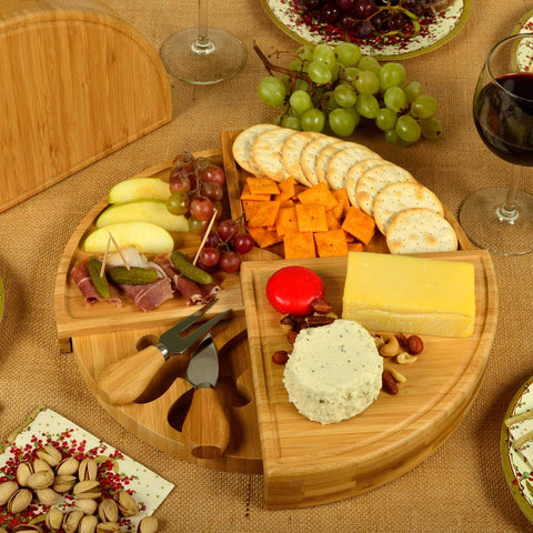 Image of Patented Bamboo Cheese Board/Charcuterie Serving Platter - Stores as a Compact Wedge- Opens to 13" Diameter - Designed & Quality Checked in USA