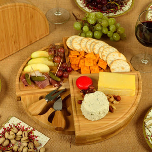 Patented Bamboo Cheese Board/Charcuterie Serving Platter - Stores as a Compact Wedge- Opens to 13" Diameter - Designed & Quality Checked in USA