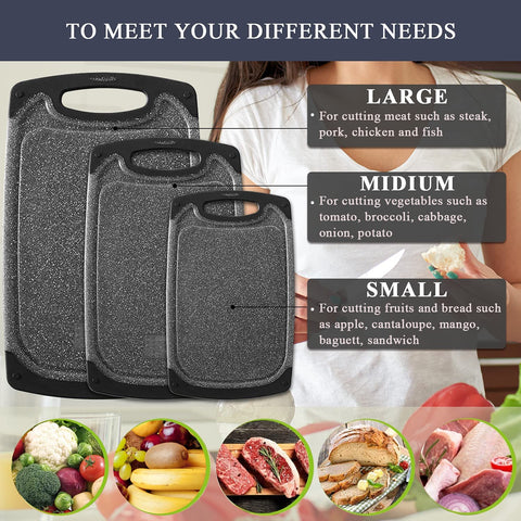 Image of Plastic Cutting Board, Set of 3 Small to Large Cutting Board Set Dishwasher Safe with Juice Grooves, Easy Grip Handle, Non-Slip, with Grinding Area for Grinding Garlic and Ginger Cutting Boards