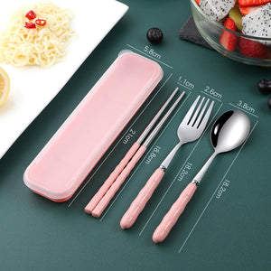 Portable Travel Cutlery Set, 18/8 Stainless Steel 3-Piece Set, Reusable Cutlery Set, Including Travel Spoon and Fork Chopsticks Set with Case (Pink)