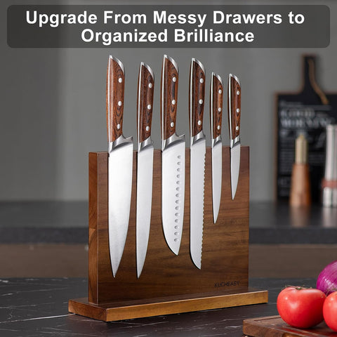 Image of Magnetic Knife Holder -  Double Sided Magnetic Knife Block without Knives - Wooden Universal Knife Stand - Knife Display Rack for Kitchen Counter Multifunctional Storage (Walnut Vertical)