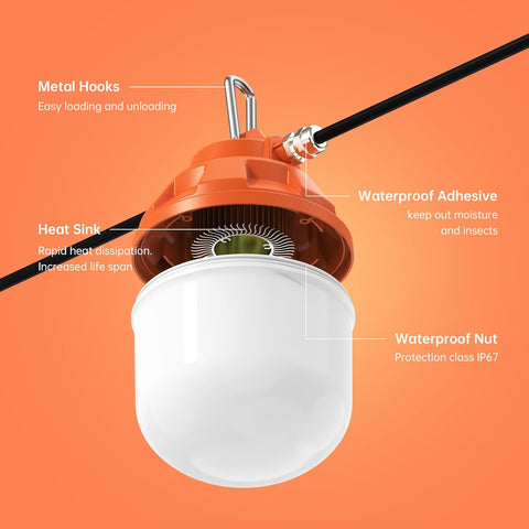 Image of Durable IP67 Waterproof Construction String Lights for Construction Sites, Renovation, Walkways,Patio，Mine Cave, Outdoor, and Other Outdoor Lighting Solutions Use, 50FT, 75W