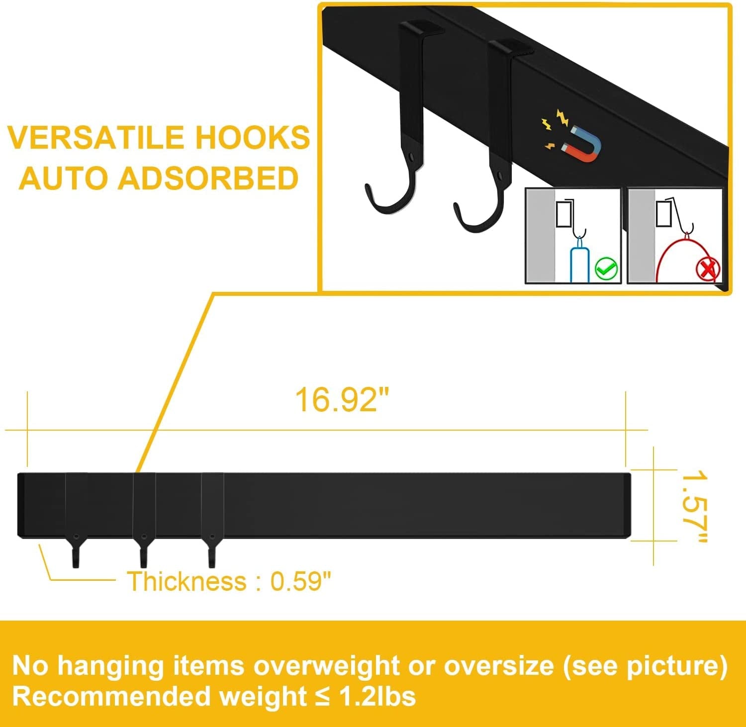 Black Magnetic Knife Strip for Refrigerator - Larger 17 Inch Double Sided Stainless Steel Magnetic Kitchen Knife Holder with Hooks for Wall/Fridge - Strong Knife Strip Magnet/Knife Rack/Knife Bar