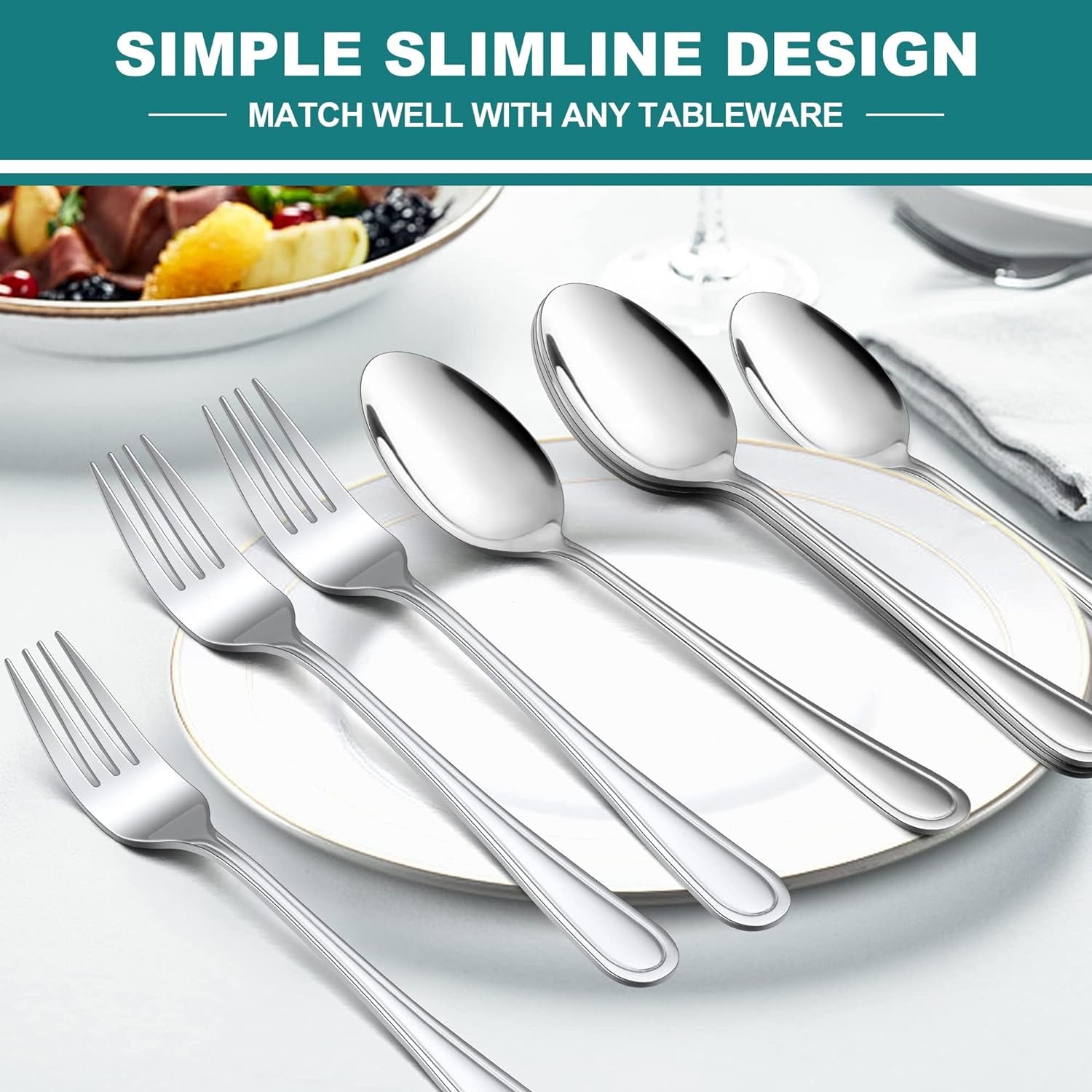 16-Piece Spoons and Forks Set,  Stainless Steel Slimline 8 Dinner Forks and 8 Dinner Spoons, Modern Metal Silverware Flatware Cutlery for Kitchen and Restaurant, Dishwasher Safe-7.9 Inch