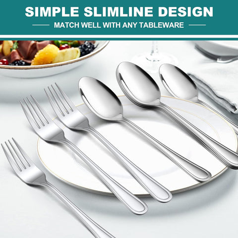 Image of 16-Piece Spoons and Forks Set,  Stainless Steel Slimline 8 Dinner Forks and 8 Dinner Spoons, Modern Metal Silverware Flatware Cutlery for Kitchen and Restaurant, Dishwasher Safe-7.9 Inch