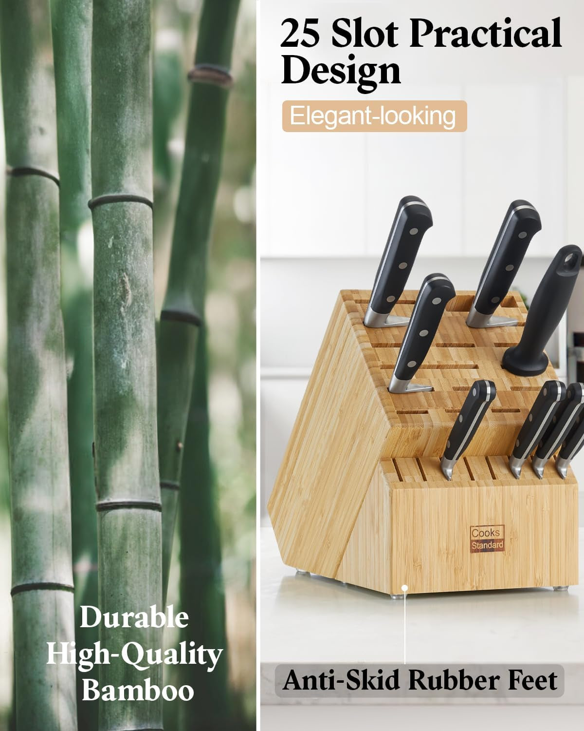 Bamboo Knife Block Holder without Knives, 25 Slot X-Large Universal Countertop Butcher Block Kitchen Knife Stand for Easy Kitchen Storage