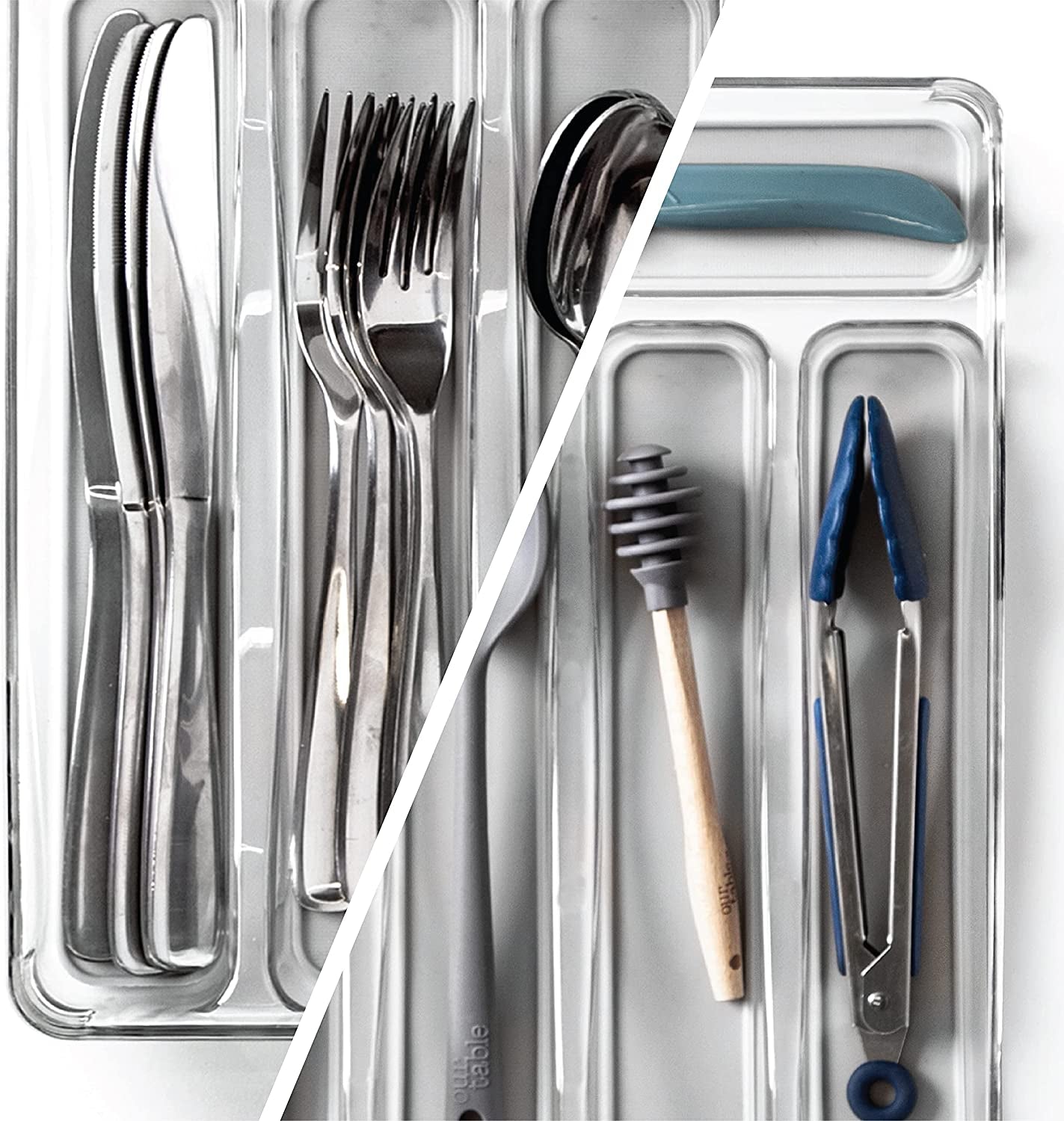 5-Slot Silverware Organizer for Drawer | Plastic Utensil Kitchen Drawers Tray Organization W/Grip Lining (Light Grey)