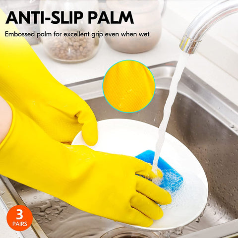 Image of 3-Pairs Reusable Household Gloves, Rubber Dishwashing Gloves, Extra Thickness, Long Sleeves, Kitchen Cleaning, Working, Painting, Gardening, Pet Care (Size L, Yellow, HH4601)