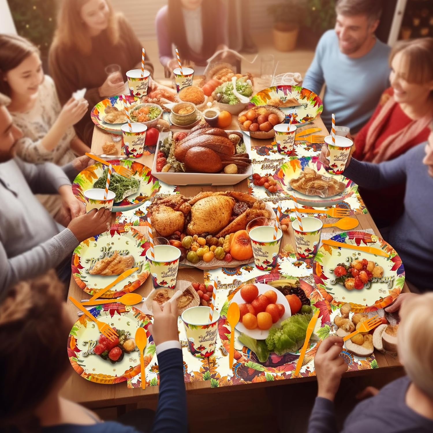 240Pcs Thanksgiving Party Supplies Disposable Dinnerware Set Include Paper Plates Dessert Plates Napkins Forks Knives Spoon Cups Straws Turkey Themed Thanksgiving Dinner Decorations,Serves 30