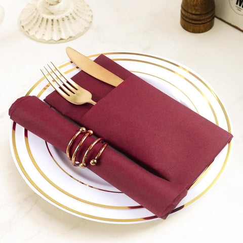 Image of 100 Pack Disposbale Burgundy Cloth like Paper Dinner Napkins Folded,Premium Thick Paper Napkins Build in Flatware Pocket,Long Hand Paper Towel for Party Christmas Wedding Bathroom and Events