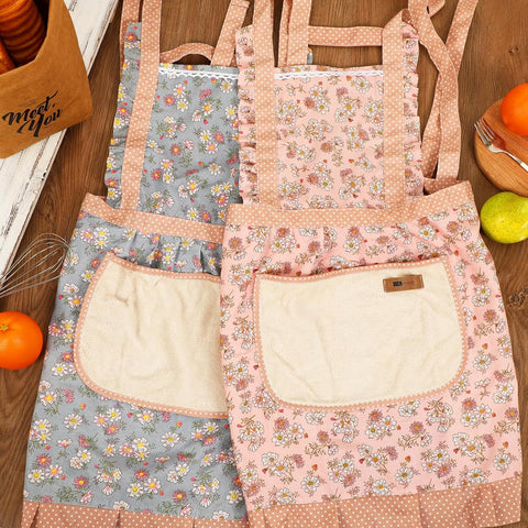 Image of 2Pcs Women Aprons with Pockets, Floral Apron Big Pocket Baking Mothers Day Gift Soft Chef Aprons for Kitchen Cooking Baking