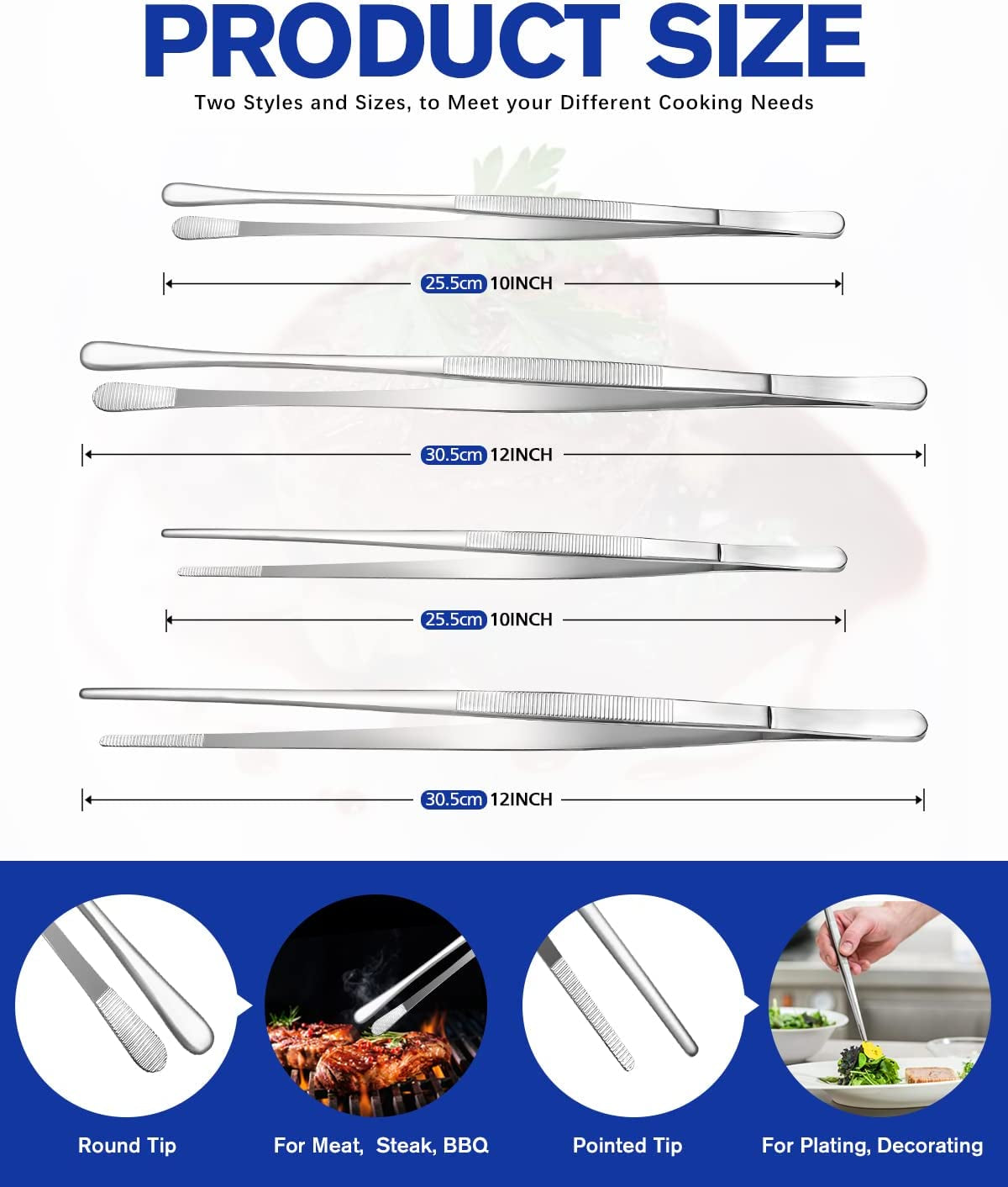 4 Pcs Kitchen Fine Tweezer Tongs, 12'' and 10'' Stainless Steel Food Tweezers Set, Professional Kitchen Long Tweezer for Cooking, Repairing, Sea Food and BBQ