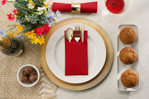 Image of Disposable Linen-Feel Dinner Napkins with Built-In Flatware Pocket, 50-Pack BRIGHT RED Prefolded Cloth like Paper Napkins for Dinner, Wedding or Party [Silverware NOT Included]