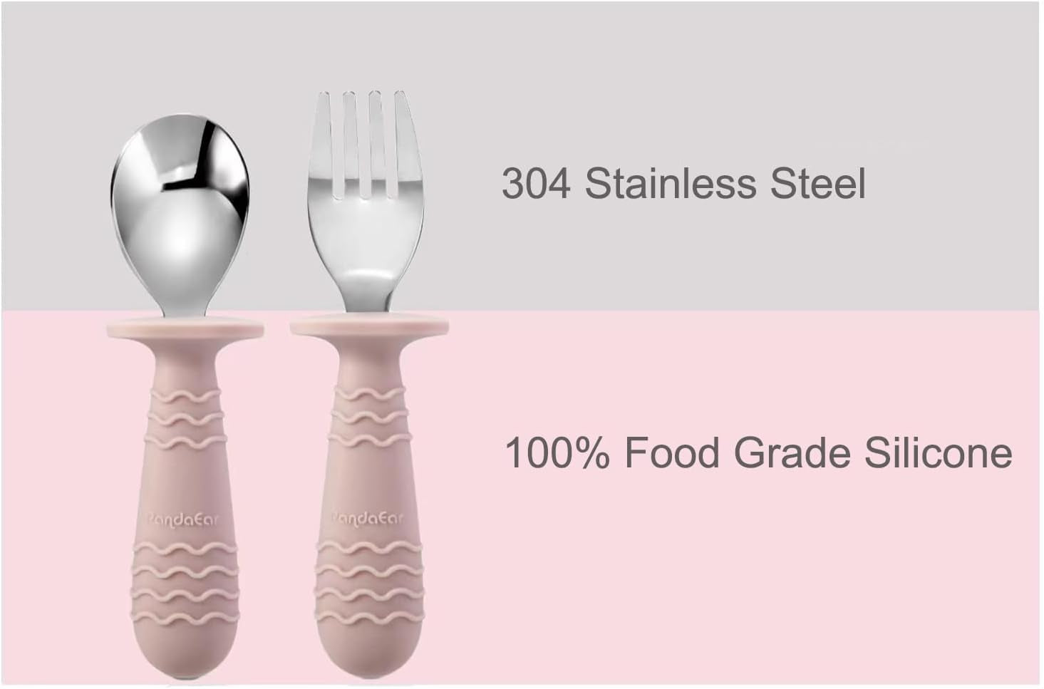 4 Set Baby Toddler Silicone Stainless Steel Utensils Silverware Spoon Fork for Baby Toddler BPA Free with Silicone Holding Anti-Choke Design (Pink&Grey)