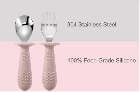 Image of 4 Set Baby Toddler Silicone Stainless Steel Utensils Silverware Spoon Fork for Baby Toddler BPA Free with Silicone Holding Anti-Choke Design (Pink&Grey)