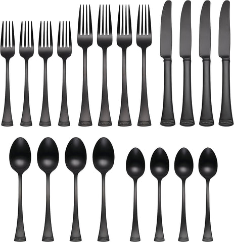 Image of Portola Satin Black Piece Flatware Set, 20 Count, Metallic