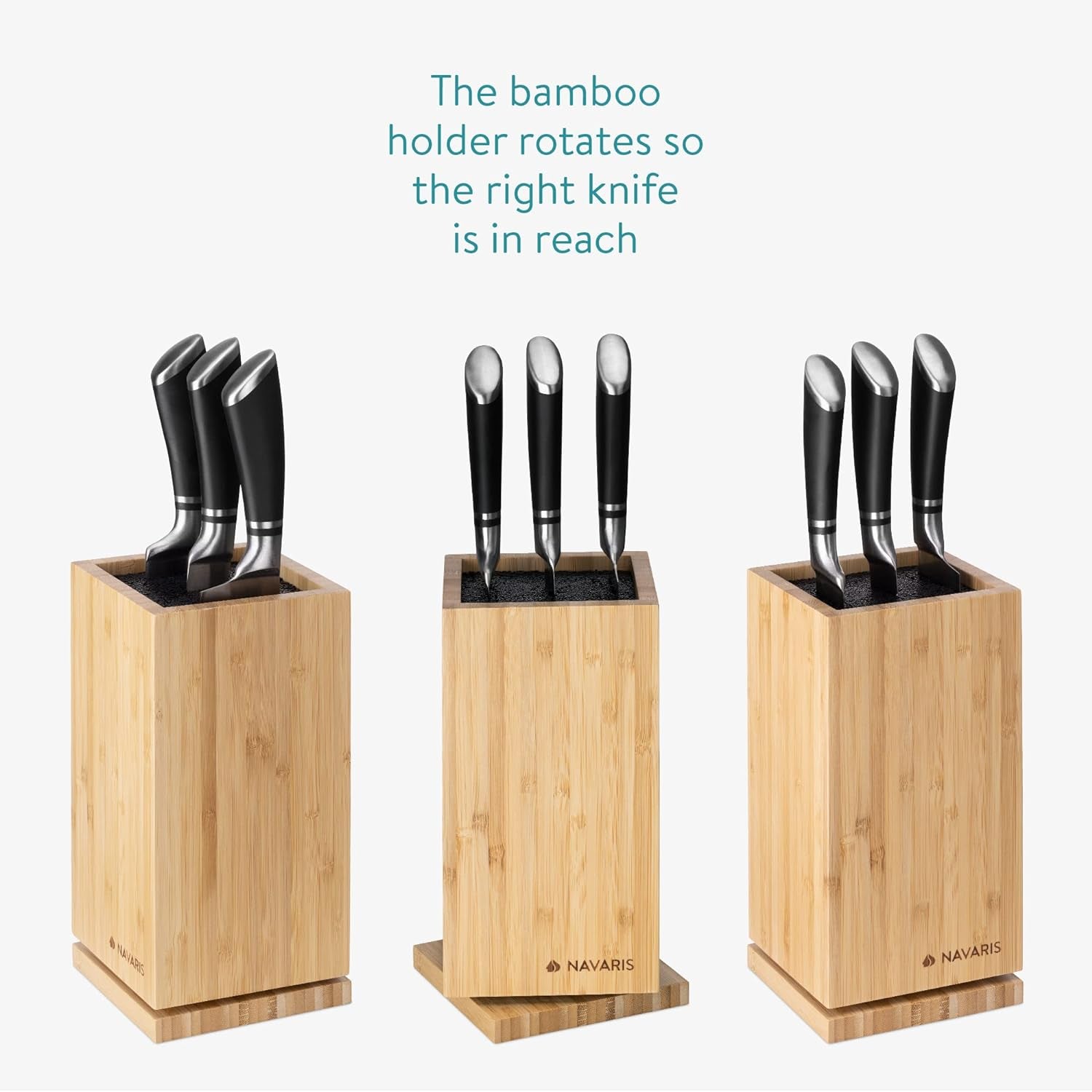Bamboo Kitchen Knife Block - Magnetic Rotating Bristle Knife Holder - Universal Knife Block Storage Stand with Bristles - 9.8" X 4.9" X 4.9"