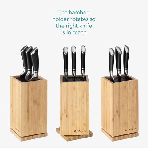 Image of Bamboo Kitchen Knife Block - Magnetic Rotating Bristle Knife Holder - Universal Knife Block Storage Stand with Bristles - 9.8" X 4.9" X 4.9"