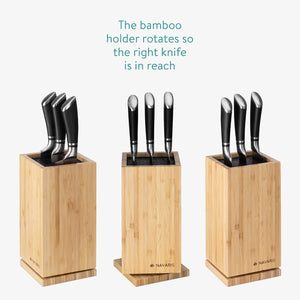 Bamboo Kitchen Knife Block - Magnetic Rotating Bristle Knife Holder - Universal Knife Block Storage Stand with Bristles - 9.8" X 4.9" X 4.9"