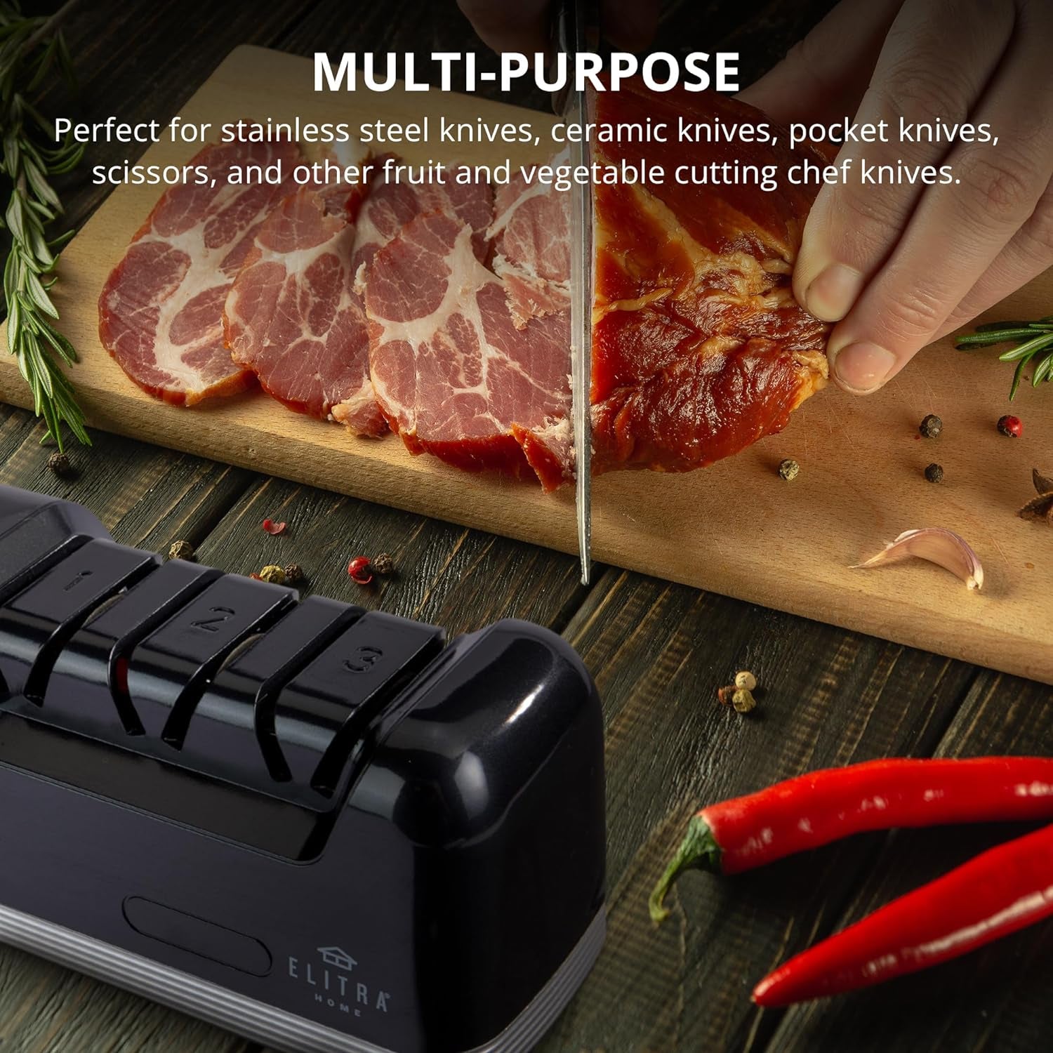 Professional Electric Knife Sharpener | 3 Stage Chef Knife Sharpening Tool for Kitchen Knives, Pocket Knife Scissors & Serrated Blades | Diamond Coated Abrasives & Precision Angle Guides