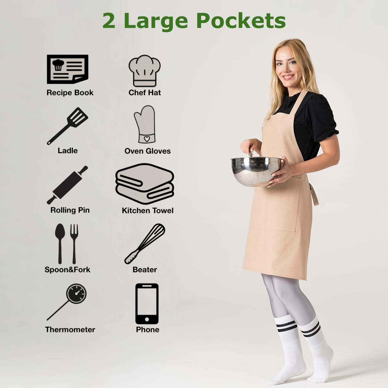 Kitchen Apron Waterdrop Resistant Cotton Apron with Adjustable Aprons for Women with Pockets 10 Color Option Cooking Beige Apron(Beige)