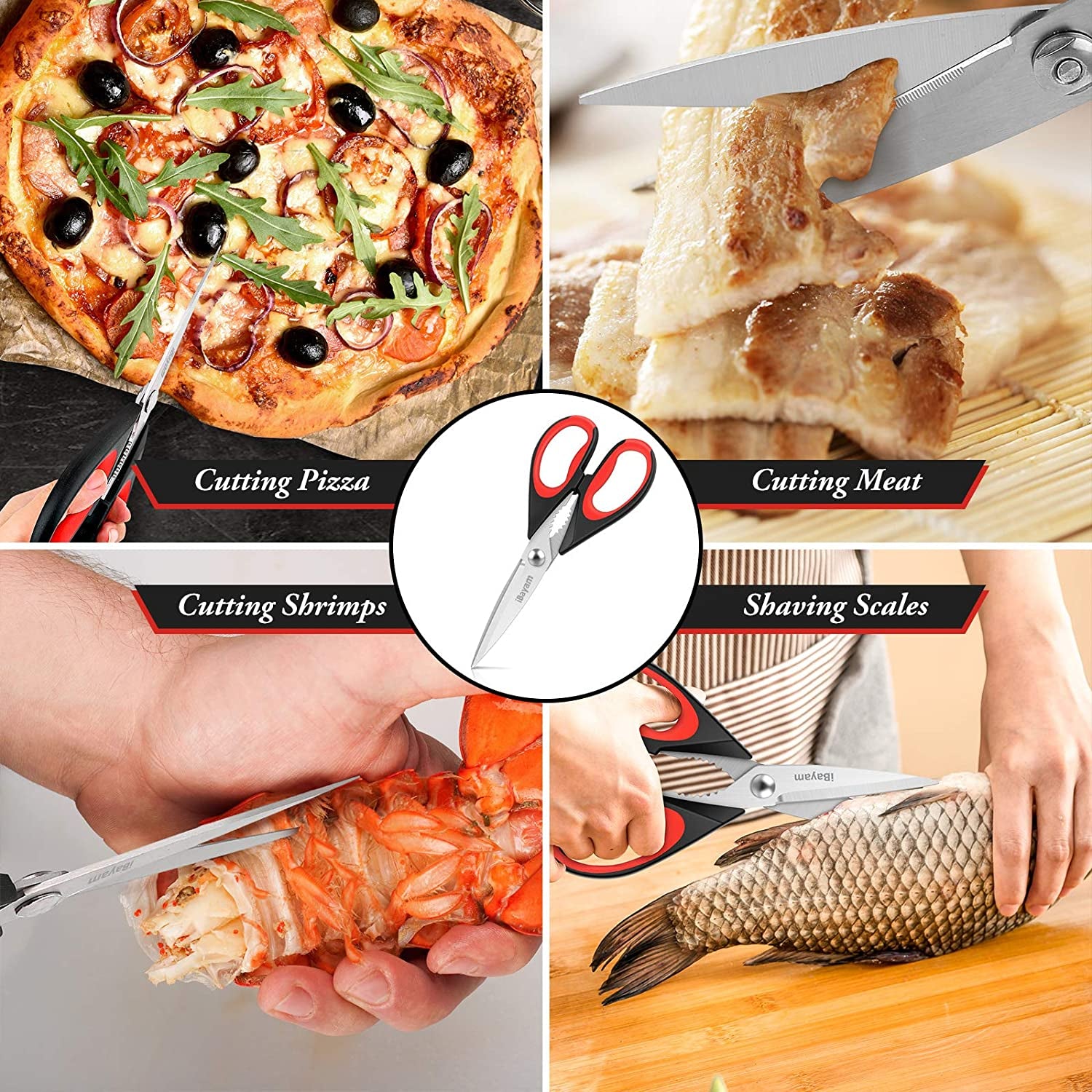 Kitchen Shears,  Kitchen Scissors All Purpose Heavy Duty Meat Scissors Poultry Shears, Dishwasher Safe Food Cooking Scissors Stainless Steel Utility Scissors, 2-Pack (Black Red, Black Gray)