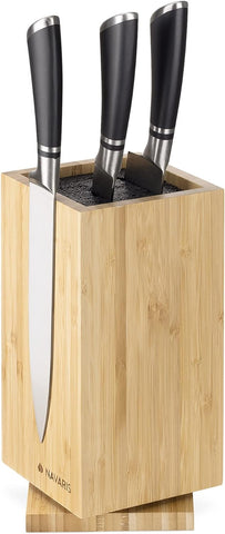 Image of Bamboo Kitchen Knife Block - Magnetic Rotating Bristle Knife Holder - Universal Knife Block Storage Stand with Bristles - 9.8" X 4.9" X 4.9"