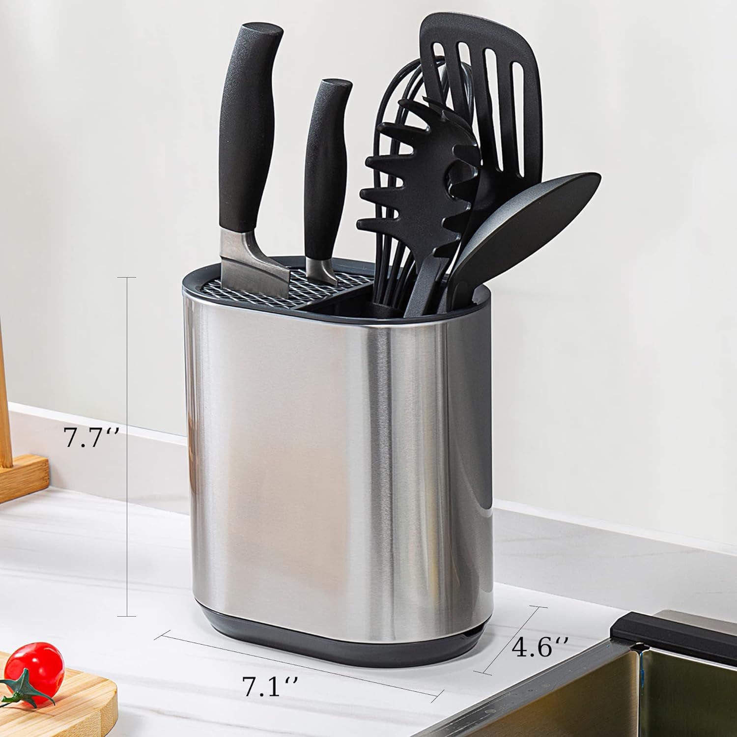 Stainless Steel and Plastic Knifes Holder, Universal Knife Holder without Knifes, Knifes Holder with Separate Compartment, 7.1X4.6X7.7 Inches, Silver Gray