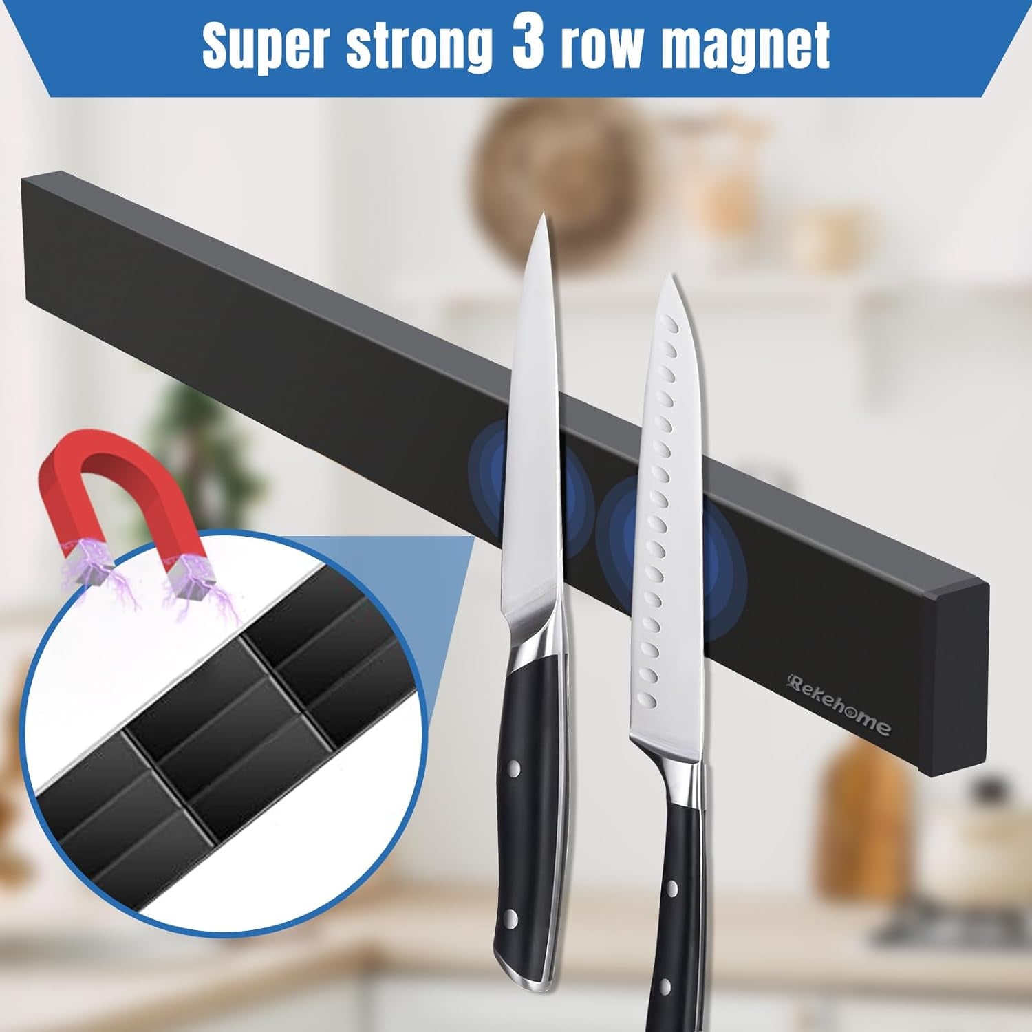 Magnetic Knife Holder for Wall 17 Inch, No Drilling Black Knife Magnetic Strip with 3 Hooks, Strong Magnet Knife Holder Strip, Magnetic Knife Rack Bar for Kitchen Knives and Tools