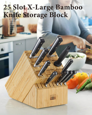 Image of Bamboo Knife Block Holder without Knives, 25 Slot X-Large Universal Countertop Butcher Block Kitchen Knife Stand for Easy Kitchen Storage