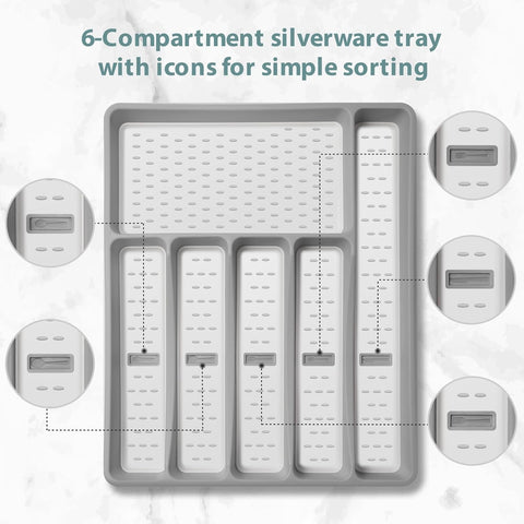 Image of Silverware Organizer with Icons，Plastic Cutlery Silverware Tray for Drawer，Utensil Tableware Flatware Organizer for Kitchen with Non-Slip Tpr,Fits Oversized Drawer,6-Compartment