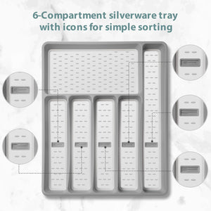 Silverware Organizer with Icons，Plastic Cutlery Silverware Tray for Drawer，Utensil Tableware Flatware Organizer for Kitchen with Non-Slip Tpr,Fits Oversized Drawer,6-Compartment