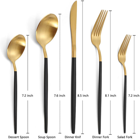 Image of Matte Gold Silverware Set with Black Handle,  Stainless Steel Flatware Cutlery Set Service for 4, 20-Piece Kitchen Utensil Set Include Spoons and Forks Set, Dishwasher Safe.