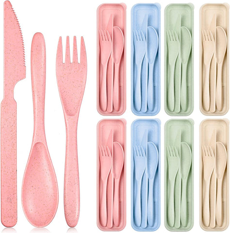 Image of 8 Sets Reusable Travel Utensils Set with Case Portable Spoon Knife Fork Tableware Lunch Box Spoon Fork Portable Cutlery for Kids Adult Travel Picnic Camping Christmas Thanksgiving