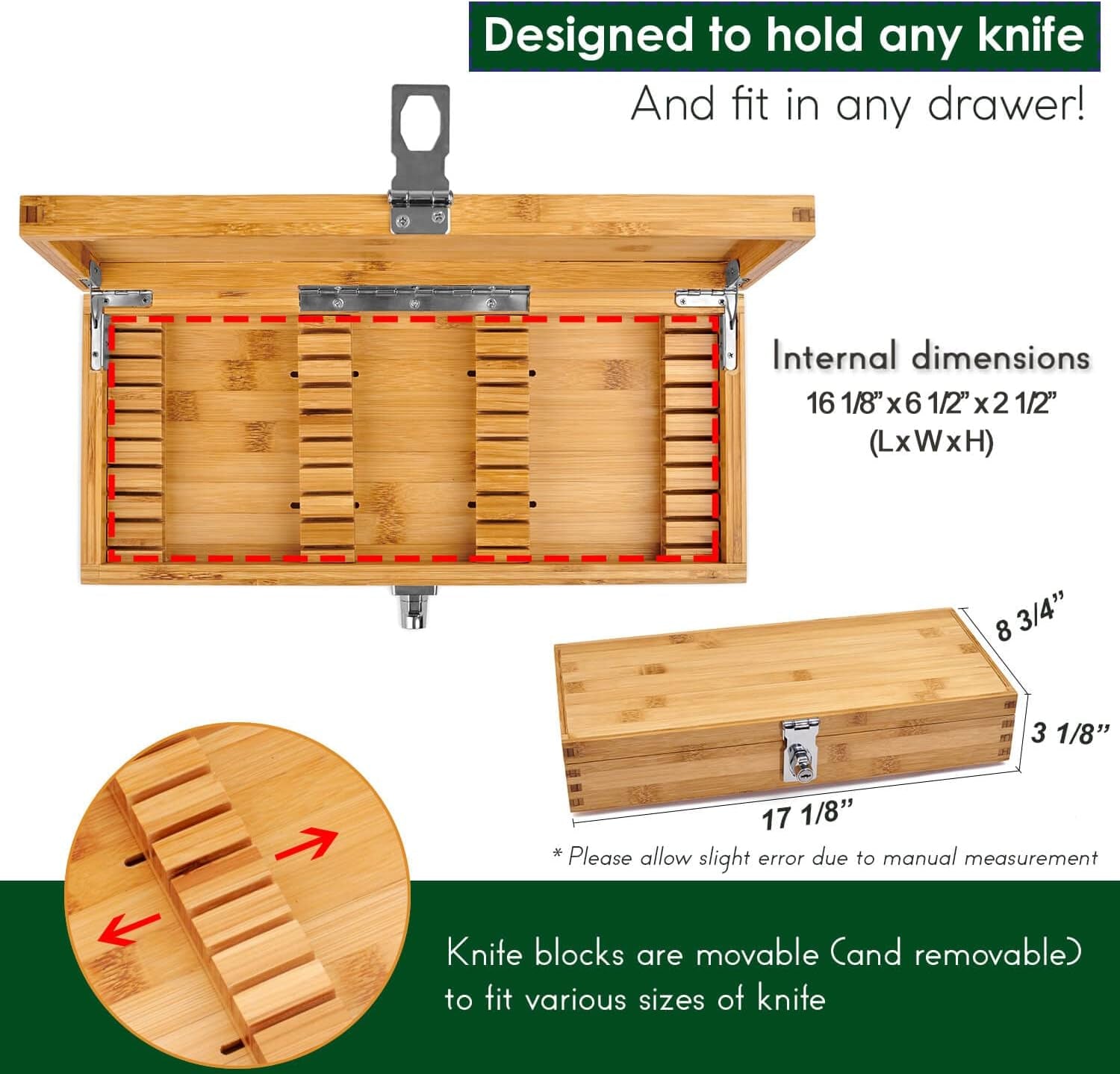 Bamboo Kitchen Knife Storage Box with Lock - Safe and Secure Knife Organizer - Stash Box to Keep Your Children Safe from Knives and Sharp Objects (Knives Not Included)