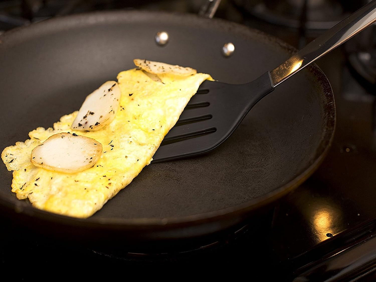 Spatula Heat Resistant Silicone and Stainless Steel - Slotted Turner Spatula Rubber Grip - Flexible Silicone Spatula Turner for Cooking and Non Stick Cookware - Versatile Kitchen Spatula