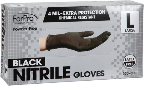 Image of Forpro Disposable Nitrile Gloves, Chemical Resistant, Powder-Free, Latex-Free, Non-Sterile, Food Safe, 4 Mil, Black, Large, 100-Count