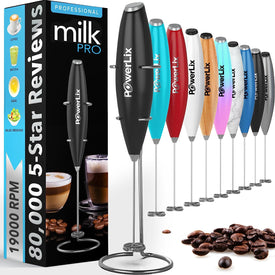 Powerful Handheld Milk Frother with Stand Battery Operated Foam Maker Frother Wand for Coffee, Latte, Cappuccino, Hot Chocolate, Mini Drink Mixer Stainless Steel Whisk