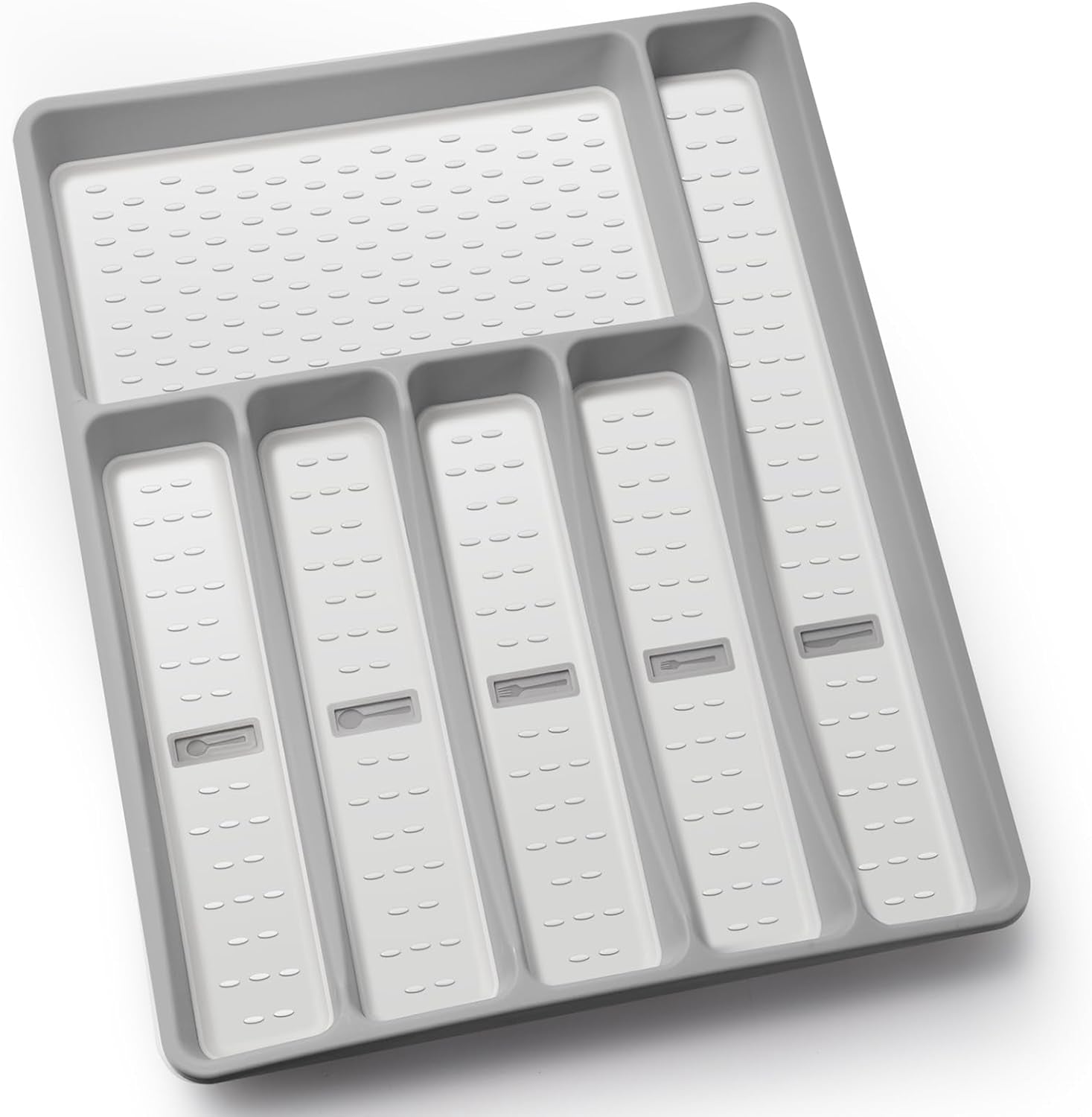 Silverware Organizer with Icons，Plastic Cutlery Silverware Tray for Drawer，Utensil Tableware Flatware Organizer for Kitchen with Non-Slip Tpr,Fits Oversized Drawer,6-Compartment