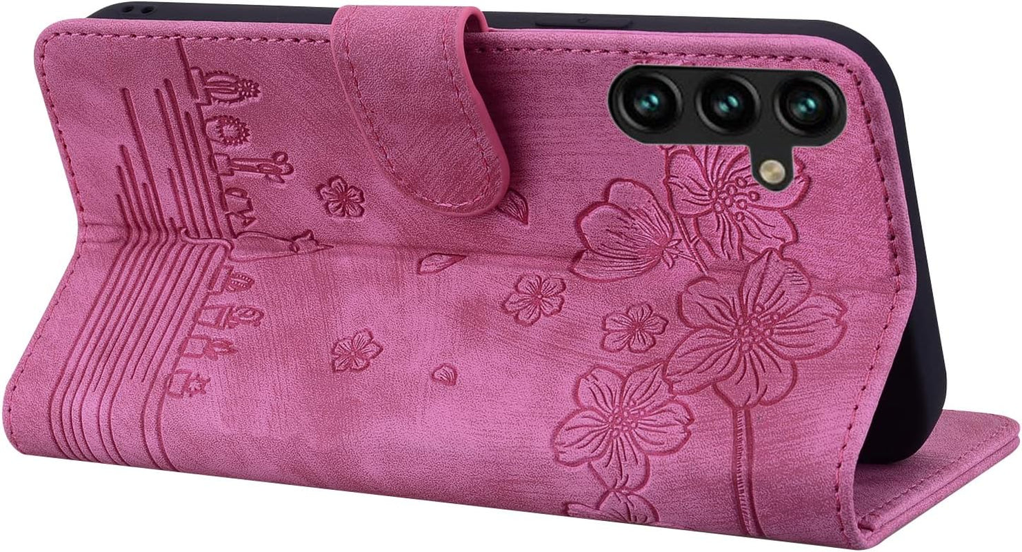 Flip Case for Samsung Galaxy A24 6.5 Inch Cover, Premium PU Leather Magnetic Closure Case with Flip Wallet Stand Function Cover for Galaxy A24 - Cherry Cat Rose Red