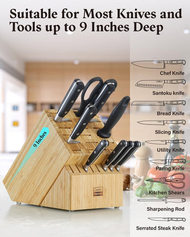 Image of Bamboo Knife Block Holder without Knives, 25 Slot X-Large Universal Countertop Butcher Block Kitchen Knife Stand for Easy Kitchen Storage